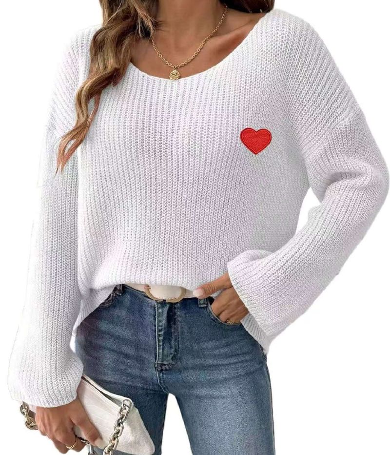 Women's Oversized Valentine's Day Love Embroidery Off-Shoulder Sweater - Cozy Casual Pullover With Heart Applique_voghion.com