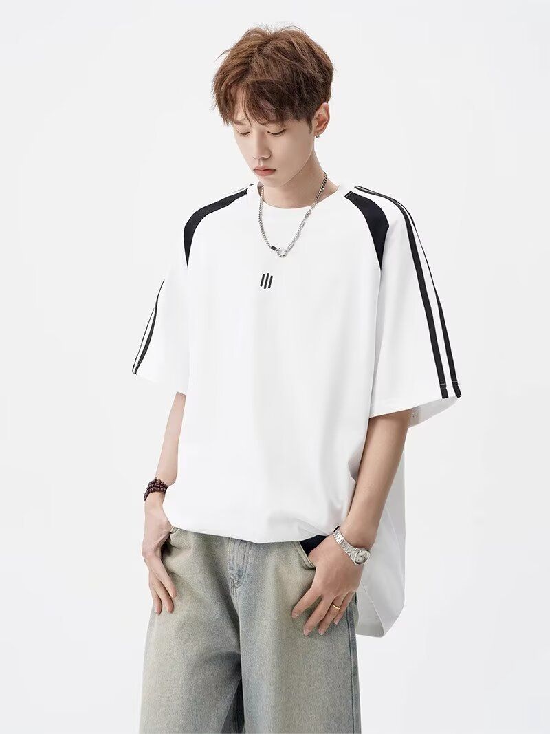 Men's Fashion Short Sleeve T-Shirt Breathable Ice Silk Fabric Relaxed Fit Round Neck Color Blocking Design Versatile Casual Wear For Young Adults_voghion.com
