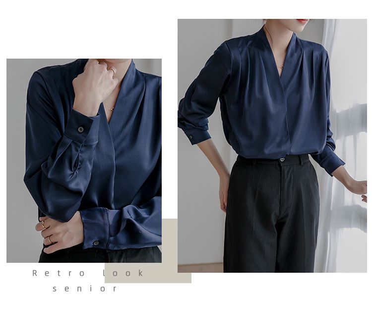 Camicia bianca primavera 2025, manica lunga da donna, design francese, top in seta di nicchia, camicia in raso professionale_voghion.com