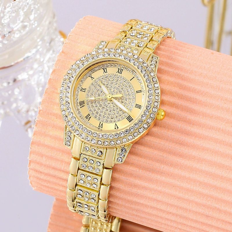 Relógios de quartzo populares da moda feminina, conjunto de relógios com padrão romano, relógio de quartzo Cornucópia, pulseira com diamantes e colar com manchas_voghion.com