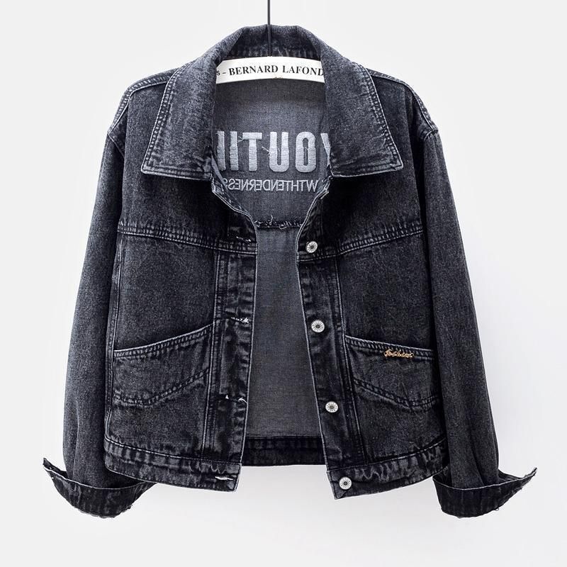Chaqueta vaquera bordada para mujer: abrigo corto ligero de algodón con diseño floral para primavera y otoño._voghion.com