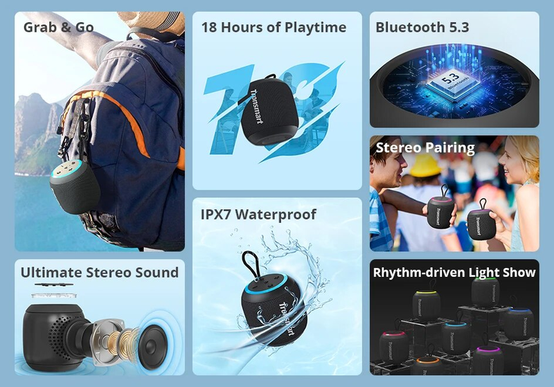 Tronsmart T7 Mini tragbarer TWS Bluetooth 5.3-Lautsprecher mit ausgewogenem Bass, IPX7 wasserdicht, LED-Modi für den Außenbereich_voghion.com