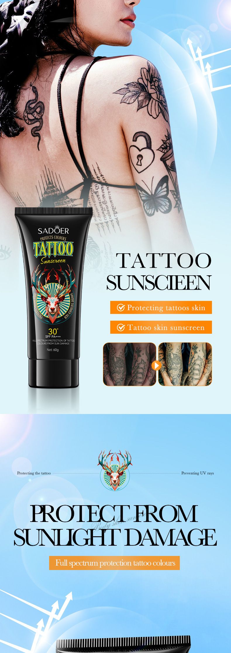 Protetor solar SADOER Tattoo Color Care Kit de proteção solar com proteção UV_voghion.com