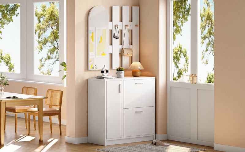 Meuble à chaussures avec portes battantes et coulissantes, rangement d'entrée avec miroir et crochets, étagère à chaussures blanche pour petits couloirs, rangement de salon_voghion.com