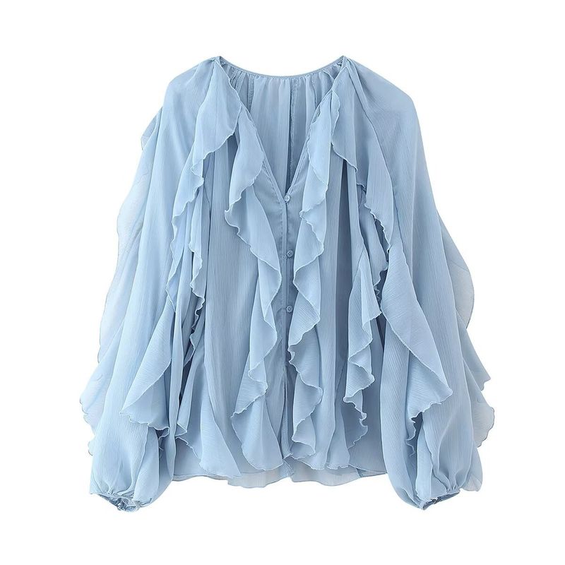 Camicia a tinta unita con decorazioni a strati, stile primaverile, per donna_voghion.com