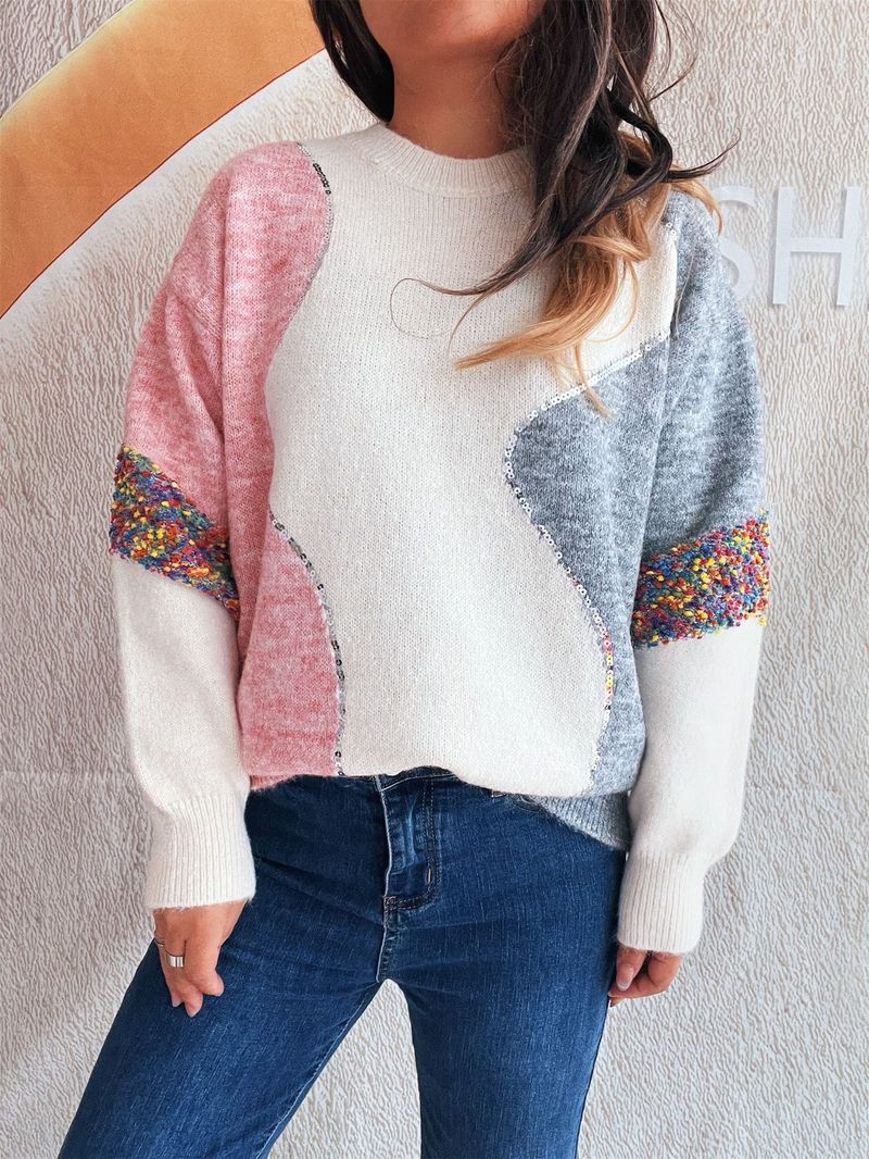 Retro-Strickpullover mit Farbblockdesign – Übergroßer Rundhalspullover für Damen (S-L, Polyestermischung, weich und atmungsaktiv, leicht zu schichten)_voghion.com