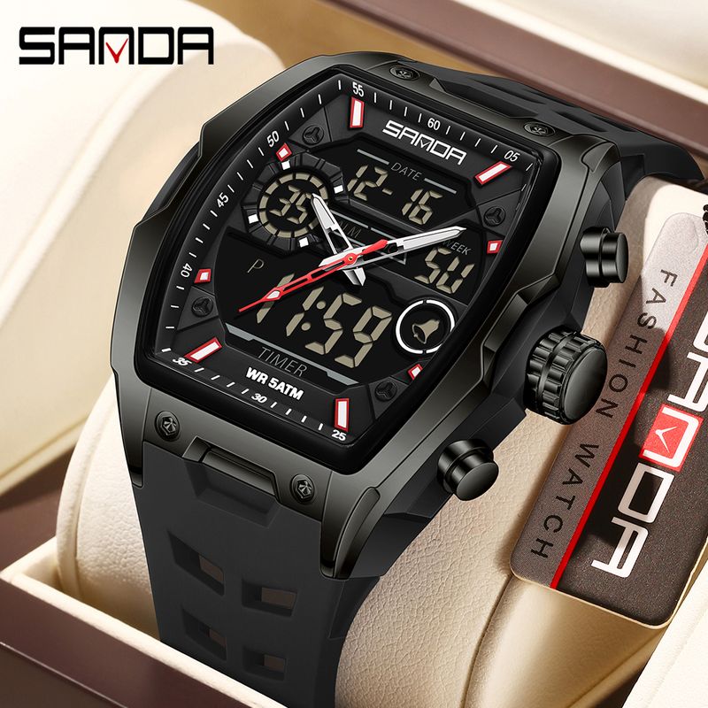SANDA Dual Display Electronic Watch Barrel Big Dial Sports LED Analog Digital Chronograph Military Wristwatch 2025_voghion.com