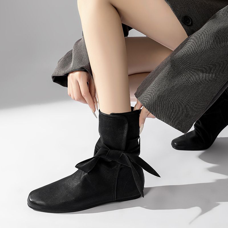 Unique Design Bowknot Ankle Flat Short Slimming Lace-up Martin Boots For Women_voghion.com