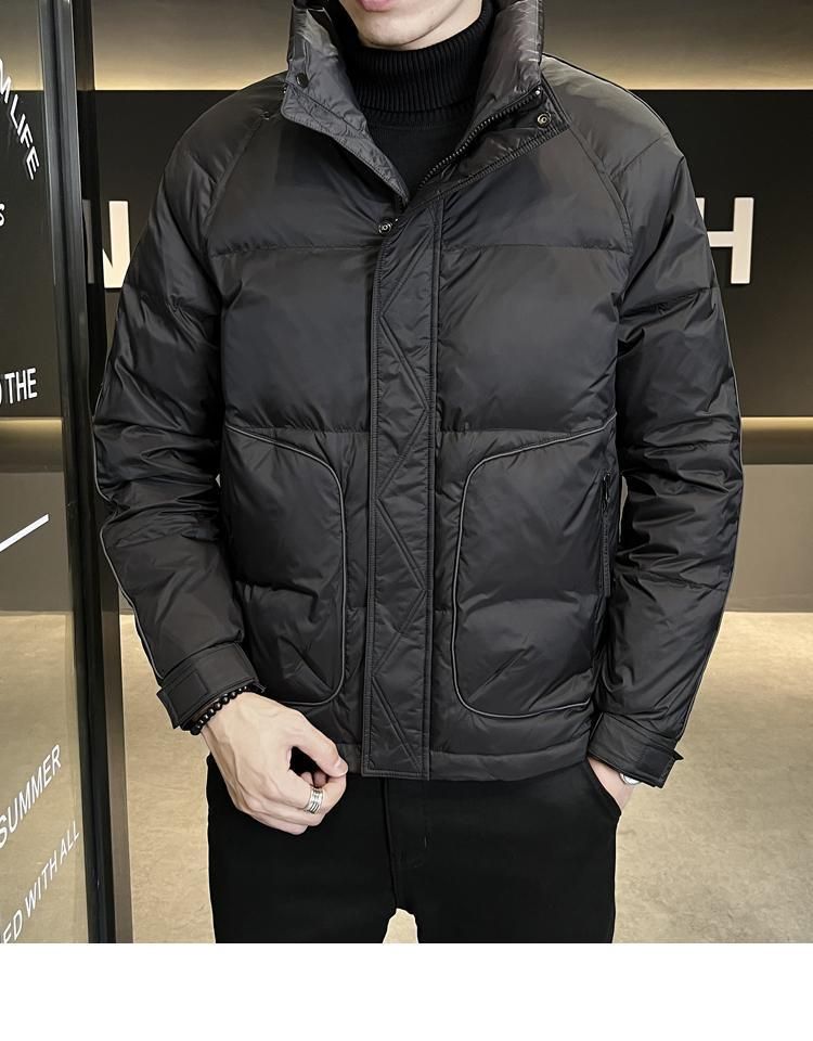 Herren Leichte Kurze Daunenjacke mit Kapuze Winter Warmer Parka Lässiger Slim Fit Schwarz Grau Wasserabweisendes Polyester_voghion.com