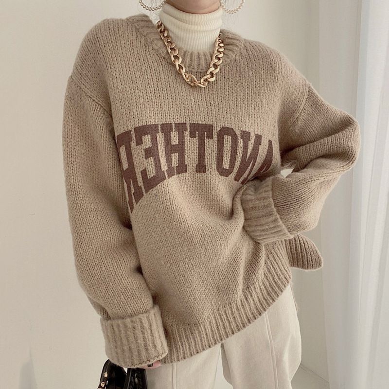 Pull femme couleur bonbon Pull ample et ample monogrammé à col rond_voghion.com