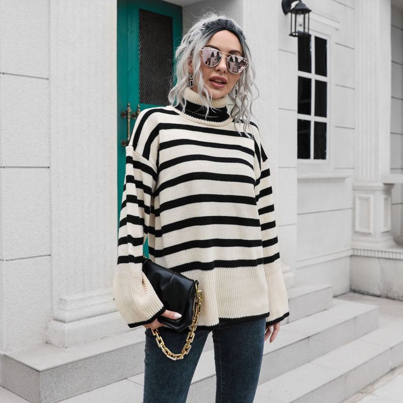 Women's mid-length sweater with striped side slit turtleneck_voghion.com