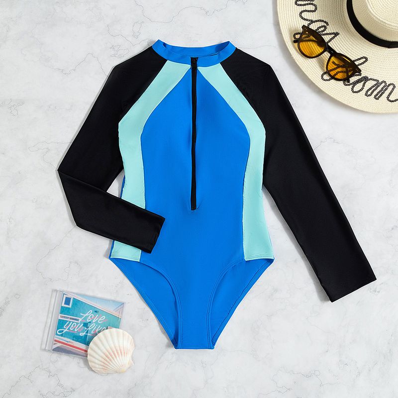 Moslim badpak afslankend lang mouw surfpak bikini dames kleurblok Europese en Amerikaanse stijl met borstkussen_voghion.com