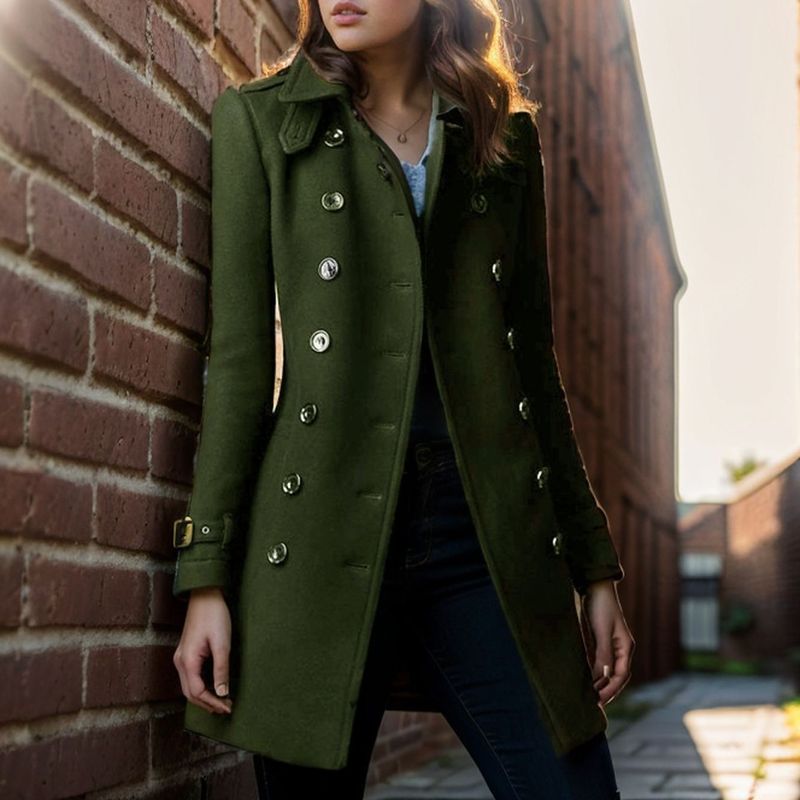 Damenbekleidung Zweireihiger Wollmantel Langer Trenchcoat Mit Taschen Slim Fit Lässige Herbst-Winterjacke_voghion.com