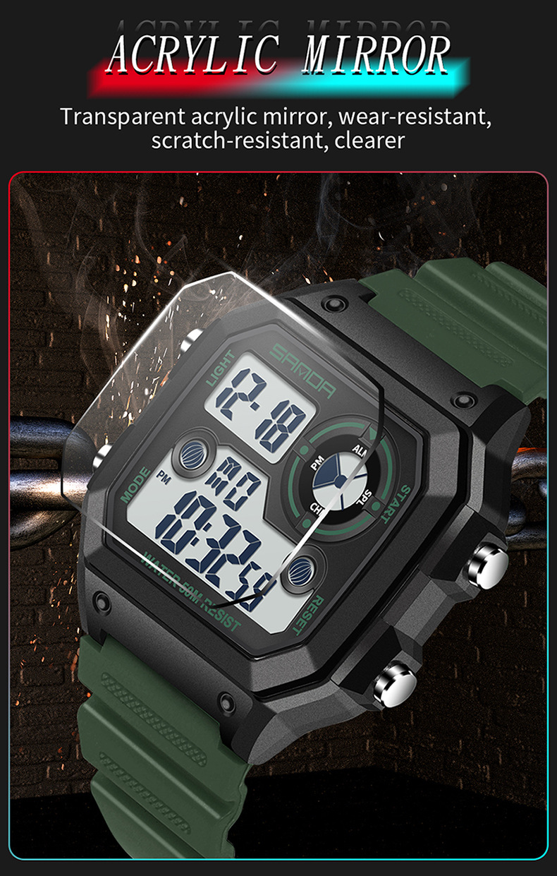 Digital Sports Watch With LED Backlight, Waterproof, Alarm, And Military-Grade Durability - Lightweight Resin Strap, Square Dial, 50M Water Resistance_voghion.com