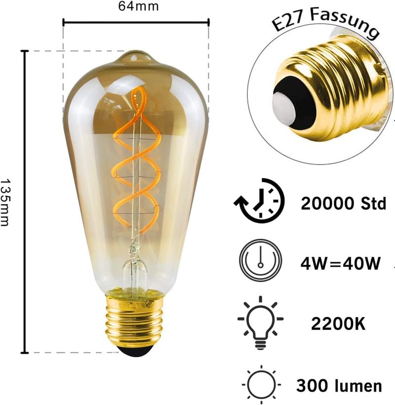 Glitzerlife LED-Leuchtmittel Vintage Glühlampe ST64 2200K 4W Filament Beleuchtung_voghion.com