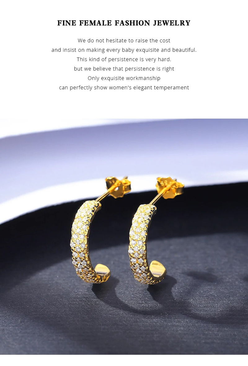 Orecchini a cerchio in argento sterling a forma di C per donna Accessori alla moda per feste per ragazze placcate in oro 14k con zirconi cubici_voghion.com