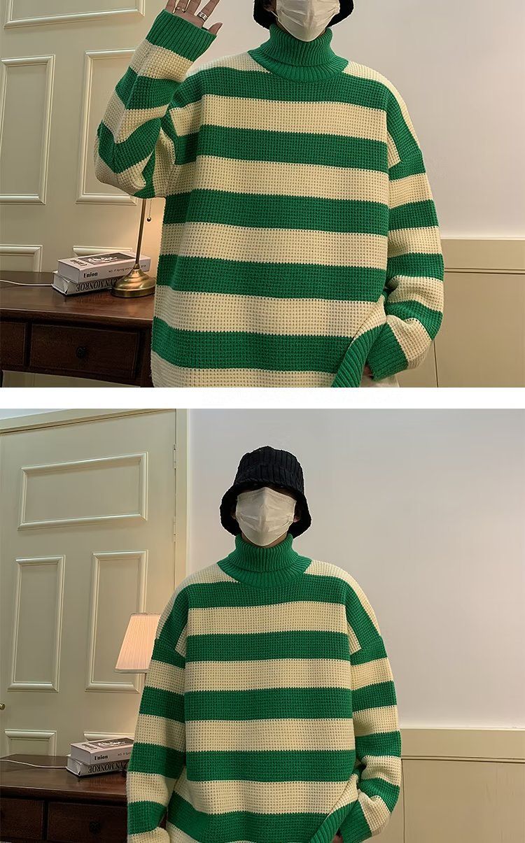 Maglione a collo alto a righe bianche e nere per uomo, stile retrò giapponese, pigro e di alta qualità. Maglione lavorato a maglia con inserti a contrasto_voghion.com