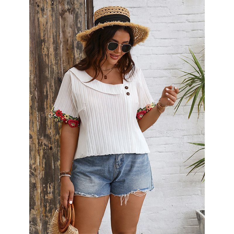 Tricou de vară pentru femei, cu decolteu în V, lejer, cu mânecă scurtă și dantelă brodată_voghion.com