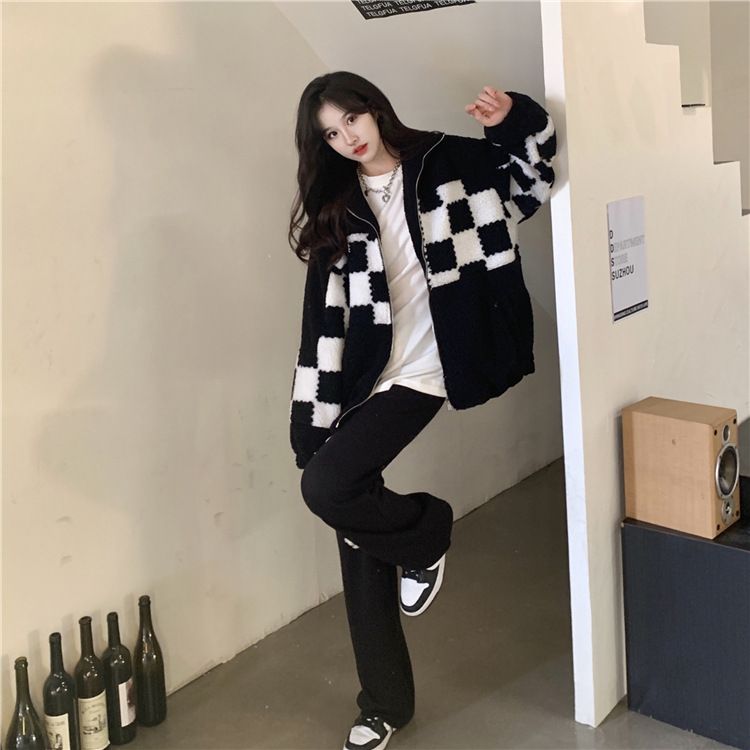 2024 new autumn and winter thick versatile checkerboard slicing lamb wool coat women's casual stand u collar fleece_voghion.com
