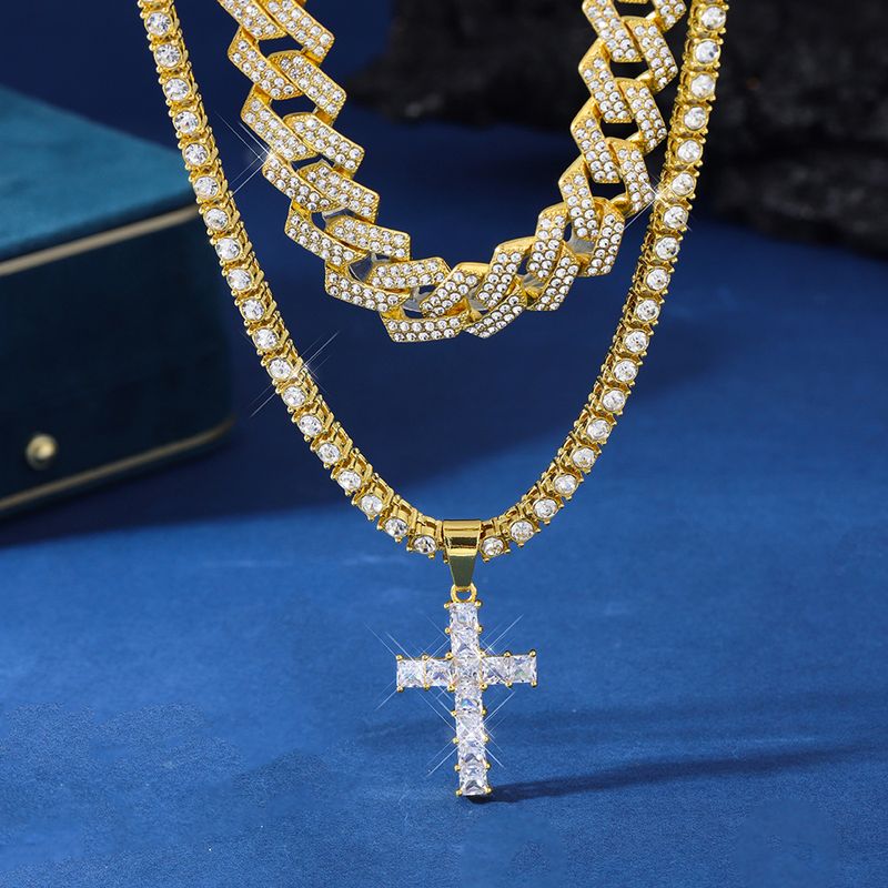 Pendentif croix diamant alliage chaîne cubaine chaîne à une rangée ensemble d'accessoires pour tous les colliers hip hop_voghion.com