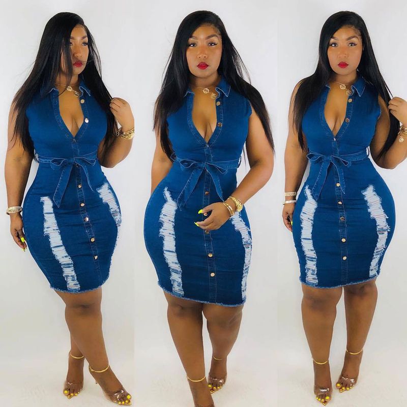 Seksi moda kolsuz delik seksi denim elbise_voghion.com