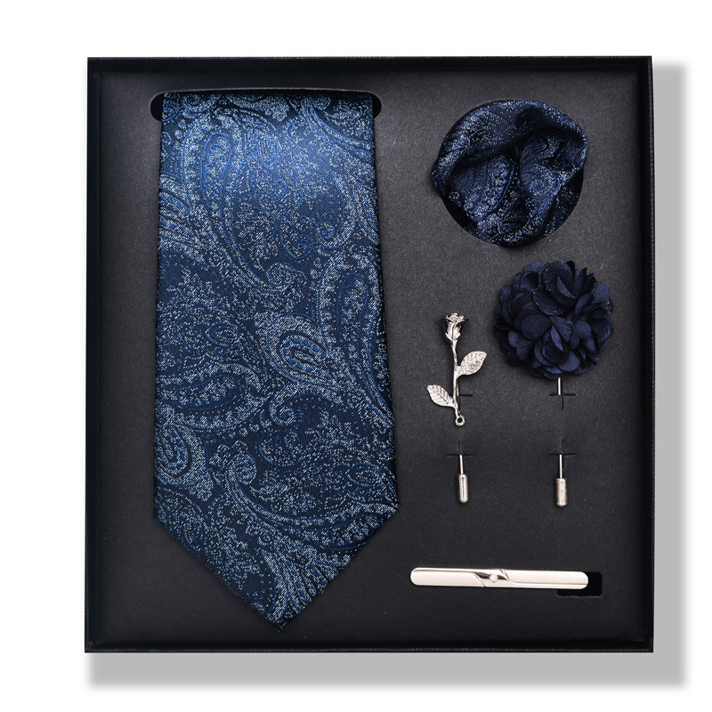 Set da uomo alla moda in tinta unita a righe con anacardi, confezione regalo da 6 pezzi, set con corsetto con fermacravatta e sciarpa quadrata_voghion.com
