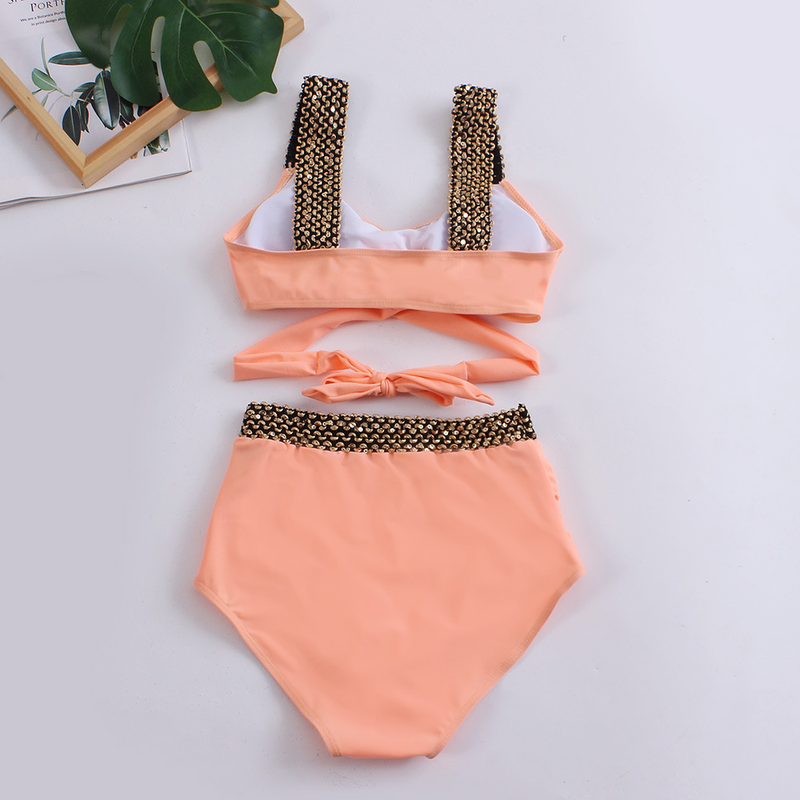 Women's backless high waist swimsuit covers the belly with gold elastic_voghion.com