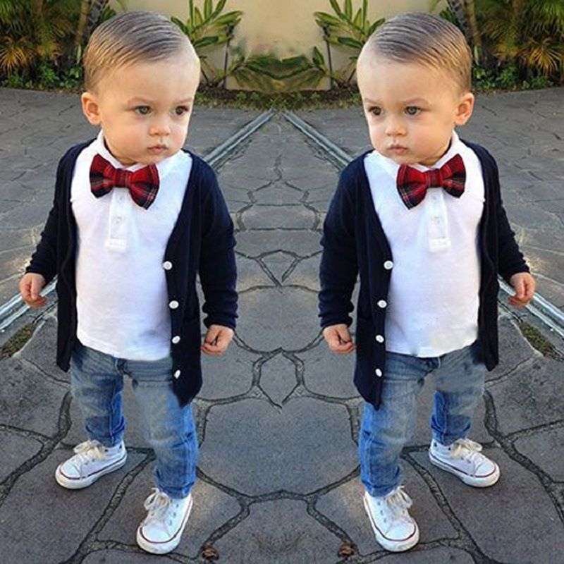 Ropa para niños Vestido de caballero para niños Traje de mezclilla Chaqueta de manga larga para niños Camiseta corta de algodón Jeans Traje de tres piezas_voghion.com