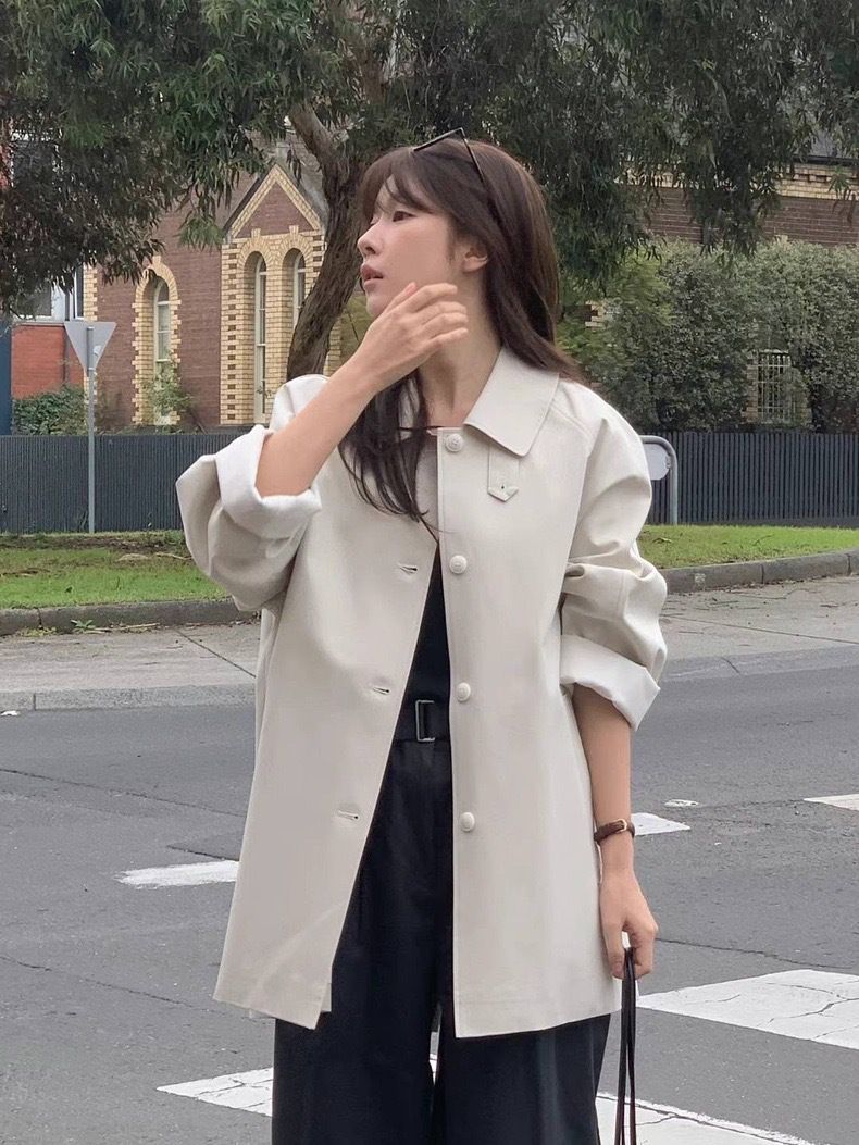 Women's Clothing In Stock Korea Dongdaemun Verga*ot Simple Loose A-Line Lapel Single-Breasted Mid-Length Trench Coat_voghion.com