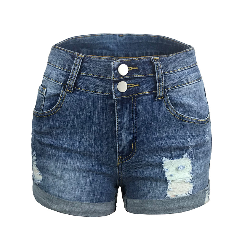 Pantaloncini in denim a vita alta da donna in stile europeo, elastici, alla moda, estivi, snellenti, con design a fori_voghion.com