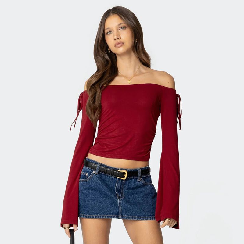 Q24TP650 Women's Autumn/Winter One Word Collar Bow Tie Shrink Fold Short Open Umbilical Top T-shirt_voghion.com