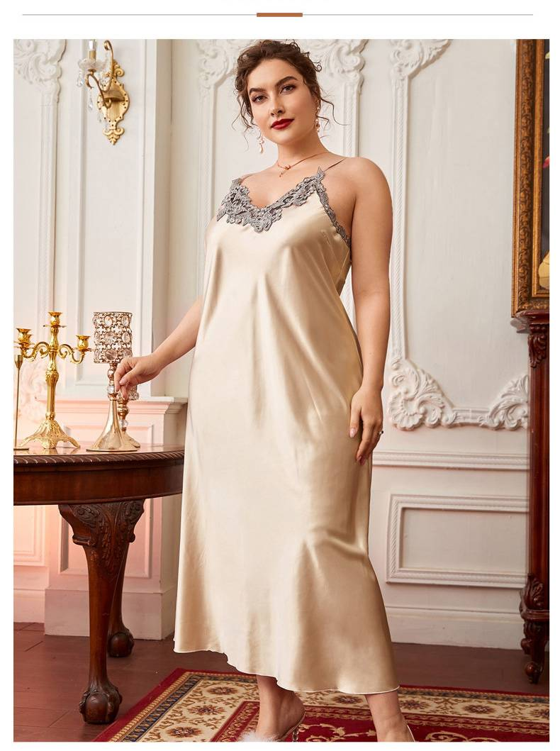 Plus-size pajama slip dress, thin and fashionable lace-trimmed nightgown, long silk-like casual loungewear._voghion.com