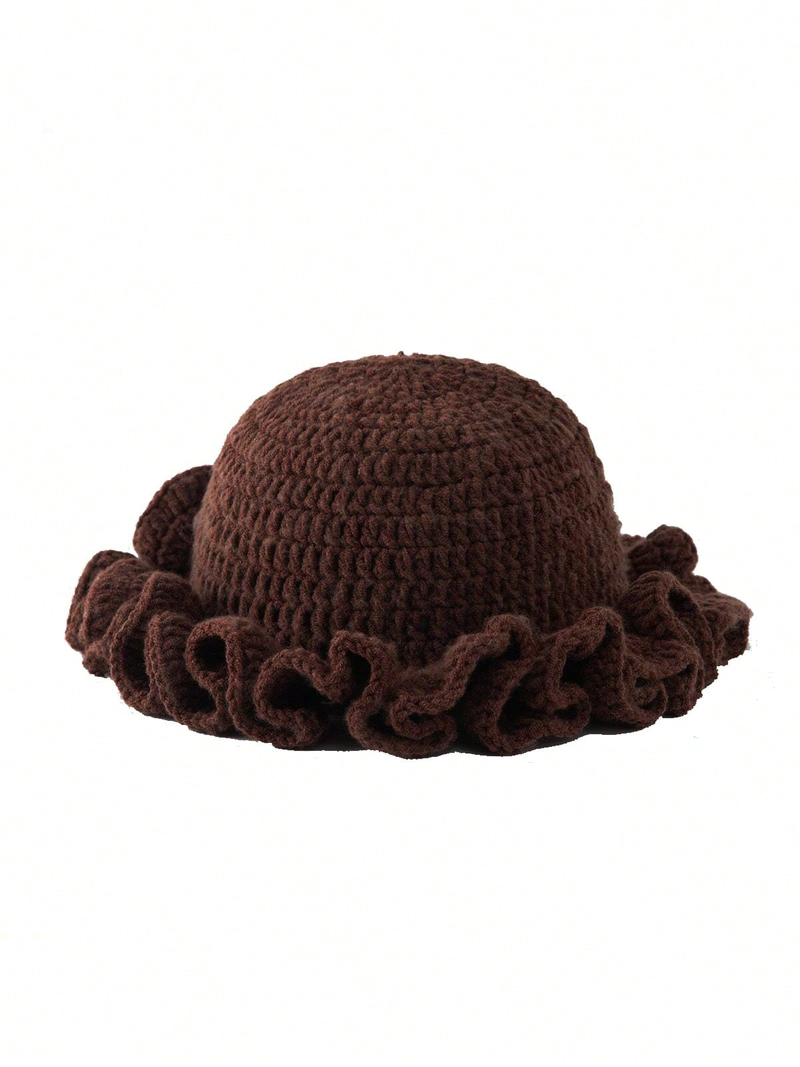 Solid Color Hand Woven Knitted Hat Bohemian Style Hollowed Out Pleated Hat, Bamboo Hat, Ruffled Edge Pullover Hat_voghion.com