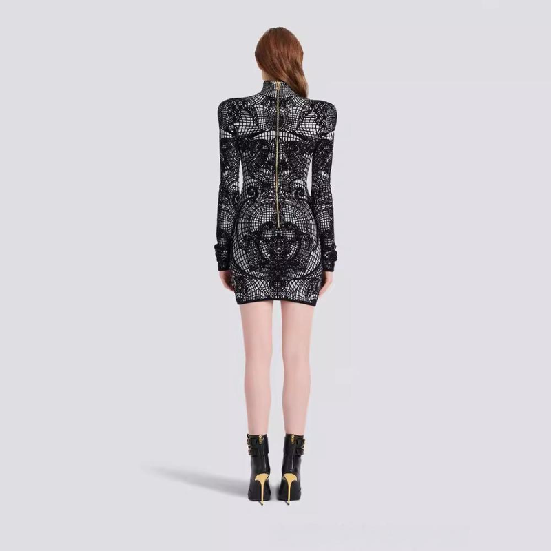 Elegant Black High-Neck Long Sleeve Bodycon Knit Sweater Dress For Women - Slim Fit Stretchy Ribbed Pullover Mini Dress With 3D Embroidery_voghion.com
