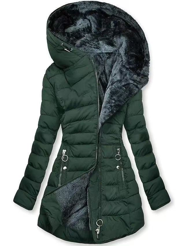 Women's Thickened Warm Hooded Longline Coat With Drawstring & Zip Closure, Fleece Lined Winter Jacket, Slim Fit Plus Size Trench Coat_voghion.com