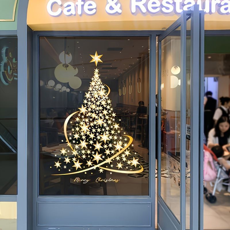 Christmas Gift For Kids - Gold Christmas Tree Window Clings, Easy Static Cling Snowflake Stickers For Glass Doors & Windows, No Mess Removable Decor_voghion.com
