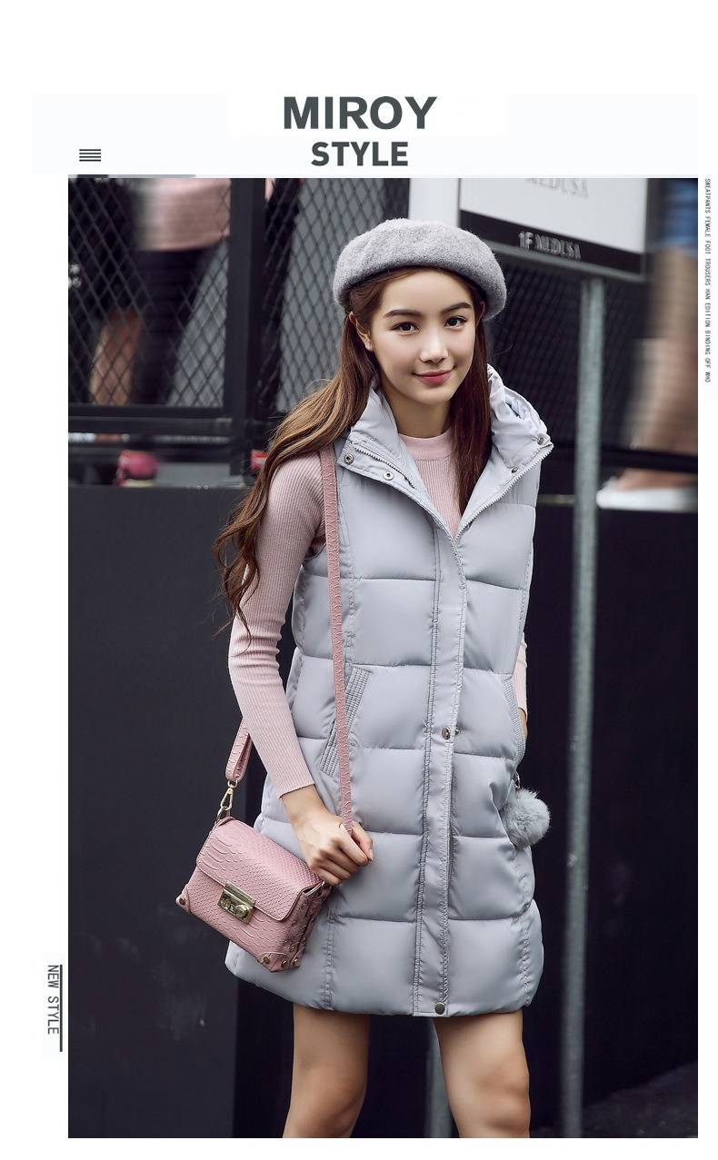 Gilet long sans manches à capuche pour femme, doudoune légère en polyester, coupe ample et oversize, grande taille disponible, style streetwear décontracté._voghion.com