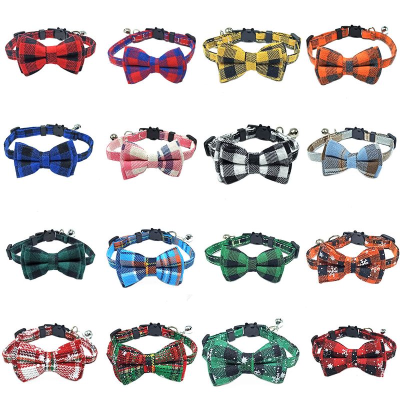 Collare per cani e gatti con campanellino a fiocco in tessuto scozzese britannico e cinturino per il collo_voghion.com