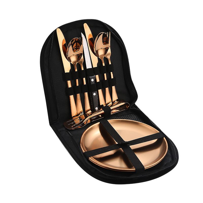 Conjunto de talheres de aço inoxidável para acampamento, viagem, bife, faca, garfo, colher, bolsa de pano, conjunto de talheres_voghion.com