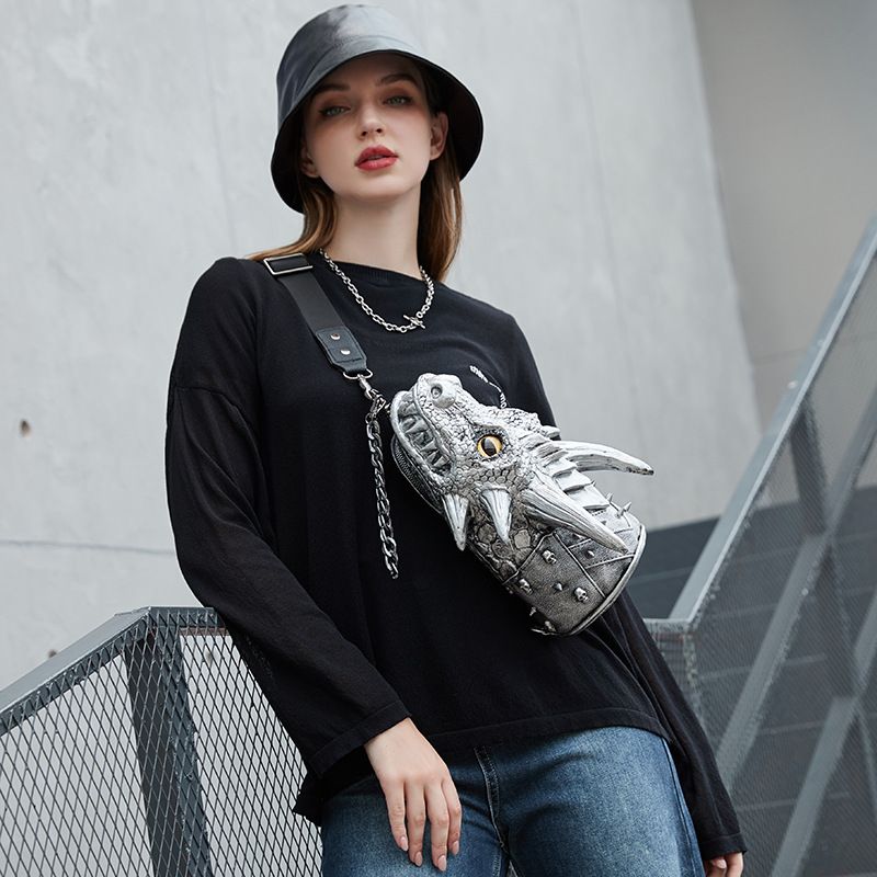 Borsa a tracolla unisex personalizzata con rivetti, piccola, con testa di drago 3D, zaino alla moda per coppie_voghion.com