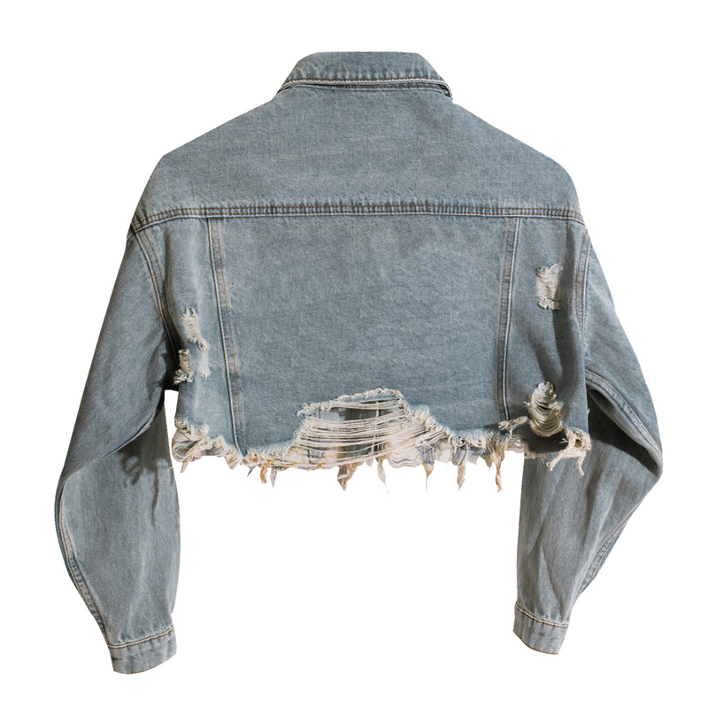 Kadın Giyim Moda Kısa Yıkanmış Kot Ceket Üst_voghion.com