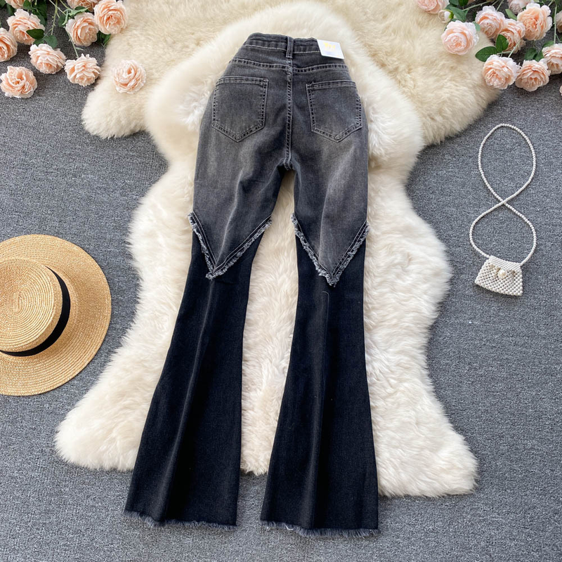 Jeans femininos com costura de borda crua micro-queimada para mulheres com borla elástica fina calça larga_voghion.com