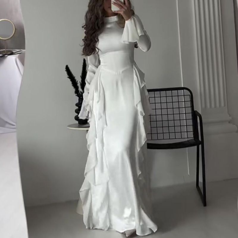 Elegant High Waist Flare Sleeve Lace Trim Dress - Fall Women's Office & Party Flowy Midi Dress With Round Neck, Stretchy Polyester, Wrinkle-Free_voghion.com