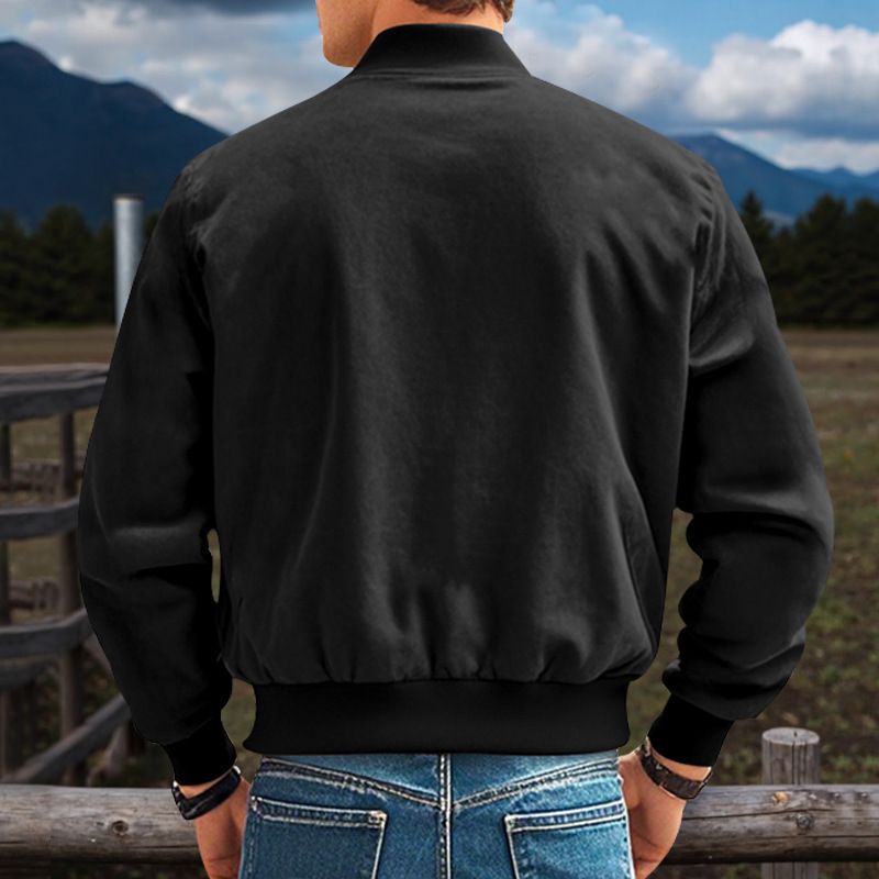Western-Jeansjacke für Herren – Jagdmantel mit Vintage-Wildlederbesatz, locker sitzende, lässige Oberbekleidung mit Reißverschluss (Schwarz/Armeegrün_voghion.com