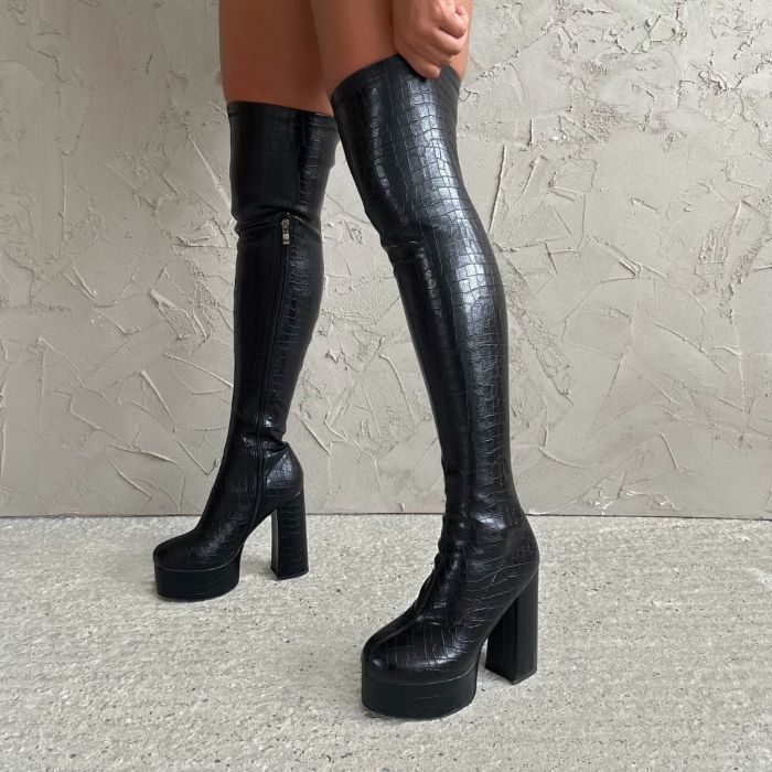 【Vorverkauf | Versand in 15 Tagen】High Heels mit rundem Kopf und Steindruck, seitlichem Reißverschluss, hoher Plattform, lange Overknee-Stiefel_voghion.com