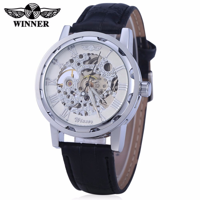 Winner Herrenmode, römische Ziffern, hohles Lederarmband, manuelle mechanische Uhr in 15 Farben_voghion.com