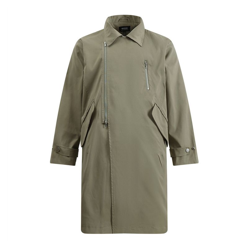Trench da uomo di media lunghezza sopra il ginocchio, ampio, tinta unita, con cerniera irregolare, spacco posteriore, giacca con colletto rovesciato_voghion.com