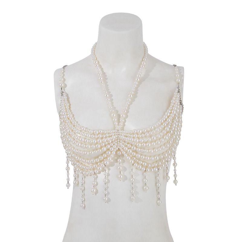 Catena per il petto con perline da bikini da spiaggia, catena per il corpo con frange di perle multistrato_voghion.com