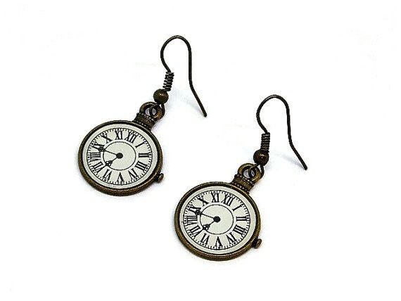 Vintage bronze clock earrings with hook earrings_voghion.com
