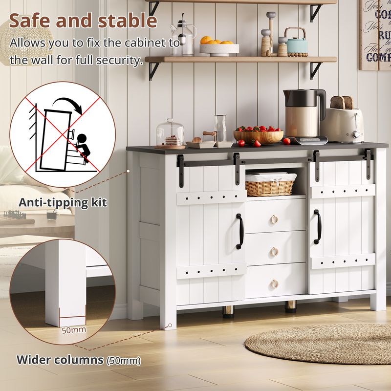 Buffetschrank Bianco 120cm Con Schiebetüren, 3 Schubladen, Rustikaler Holzstil_voghion.com